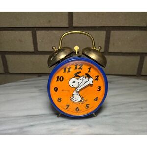 Vintage Snoopy Bell Alarm Clock Blue Orange Retro Cartoon Character Timepiece